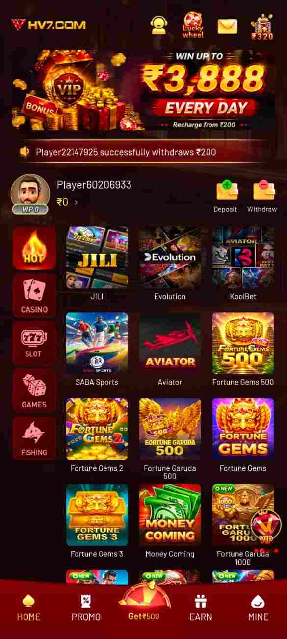 HV7 game mobile interface displaying a collection of colorful game icons and a featured reward banner